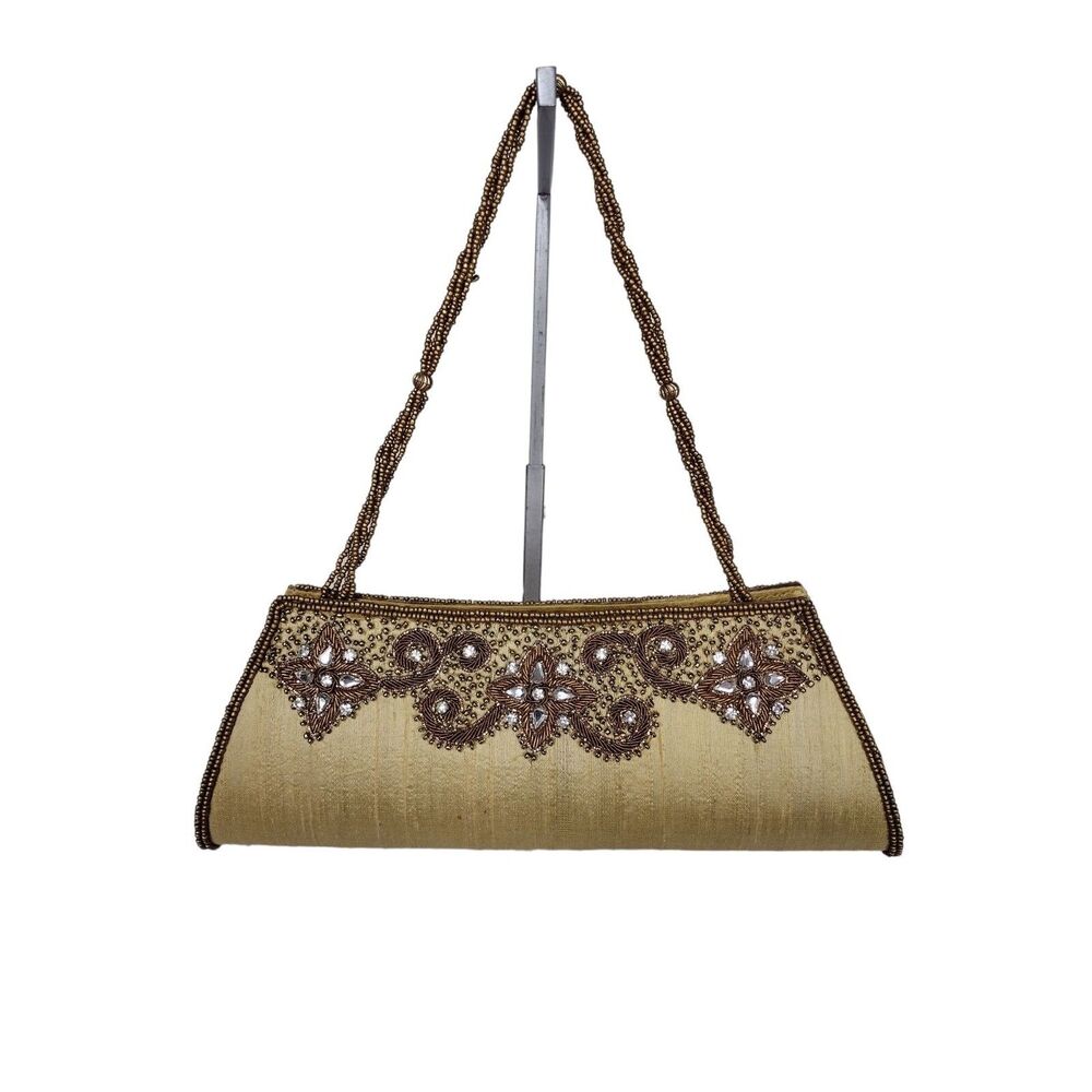 Vintage Gold Silk Embroidered Seed Bead Strap Rhinestone Embellished Clutch